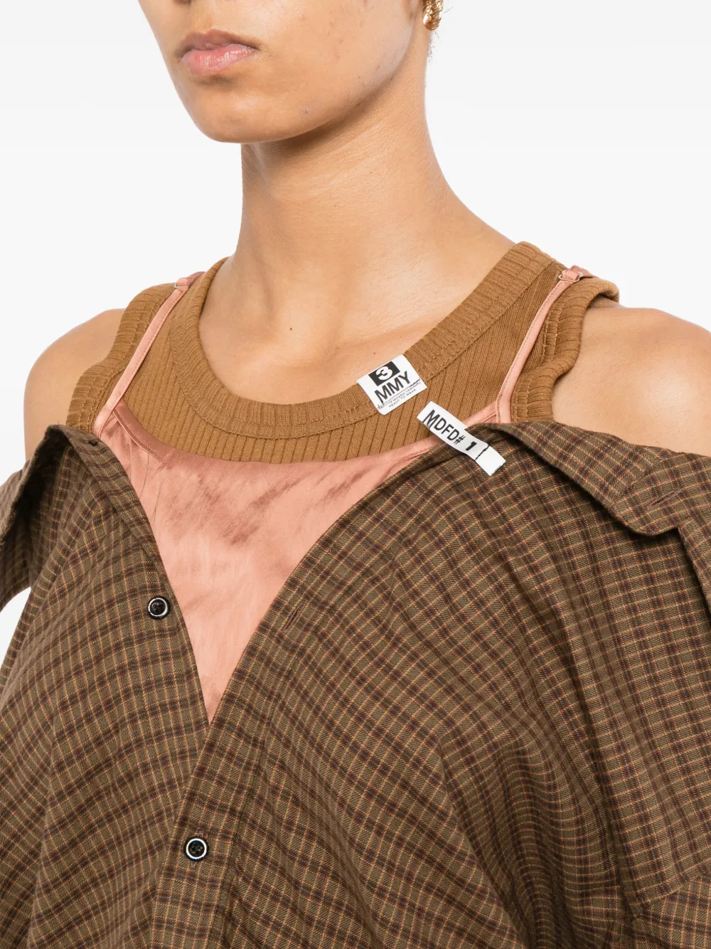 Maison MIHARA YASUHIRO checked cold-shoulder shirt Bruin