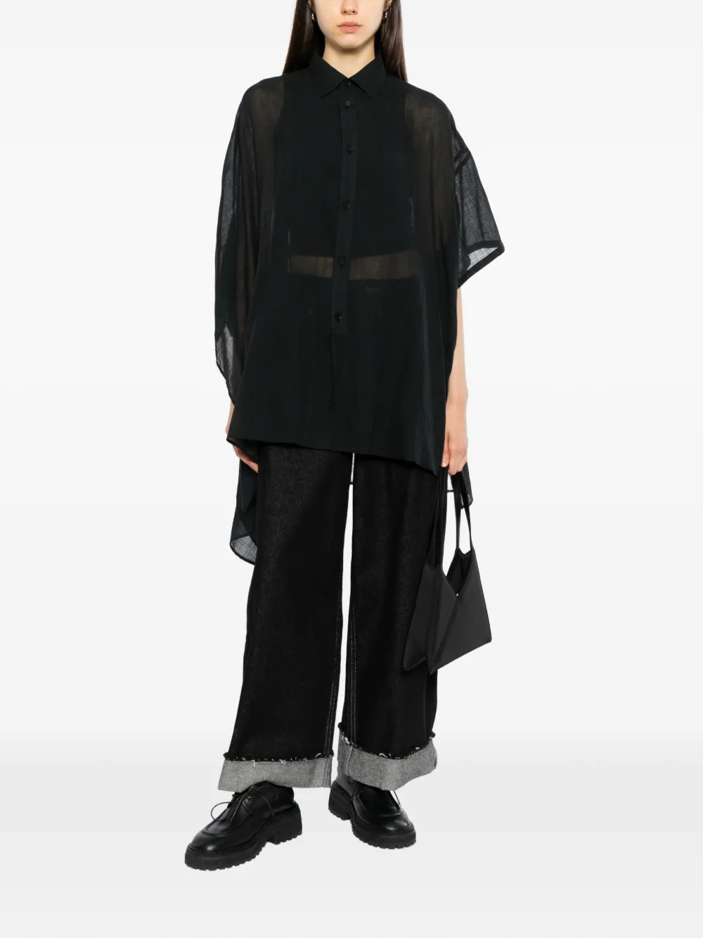 Yohji Yamamoto sheer asymmetric-hem shirt Zwart