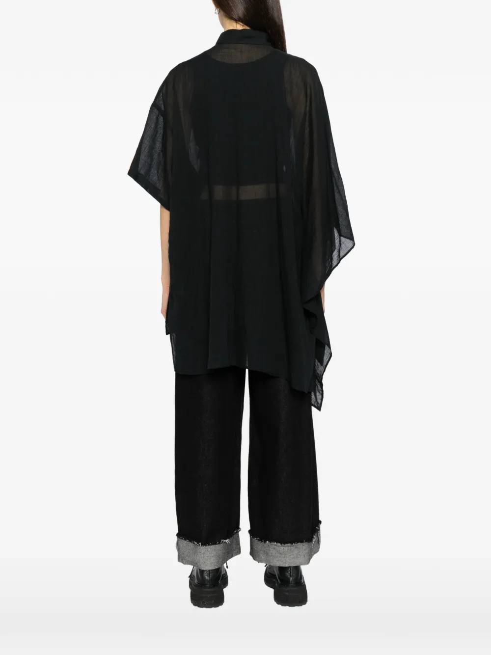 Yohji Yamamoto sheer asymmetric-hem shirt Zwart