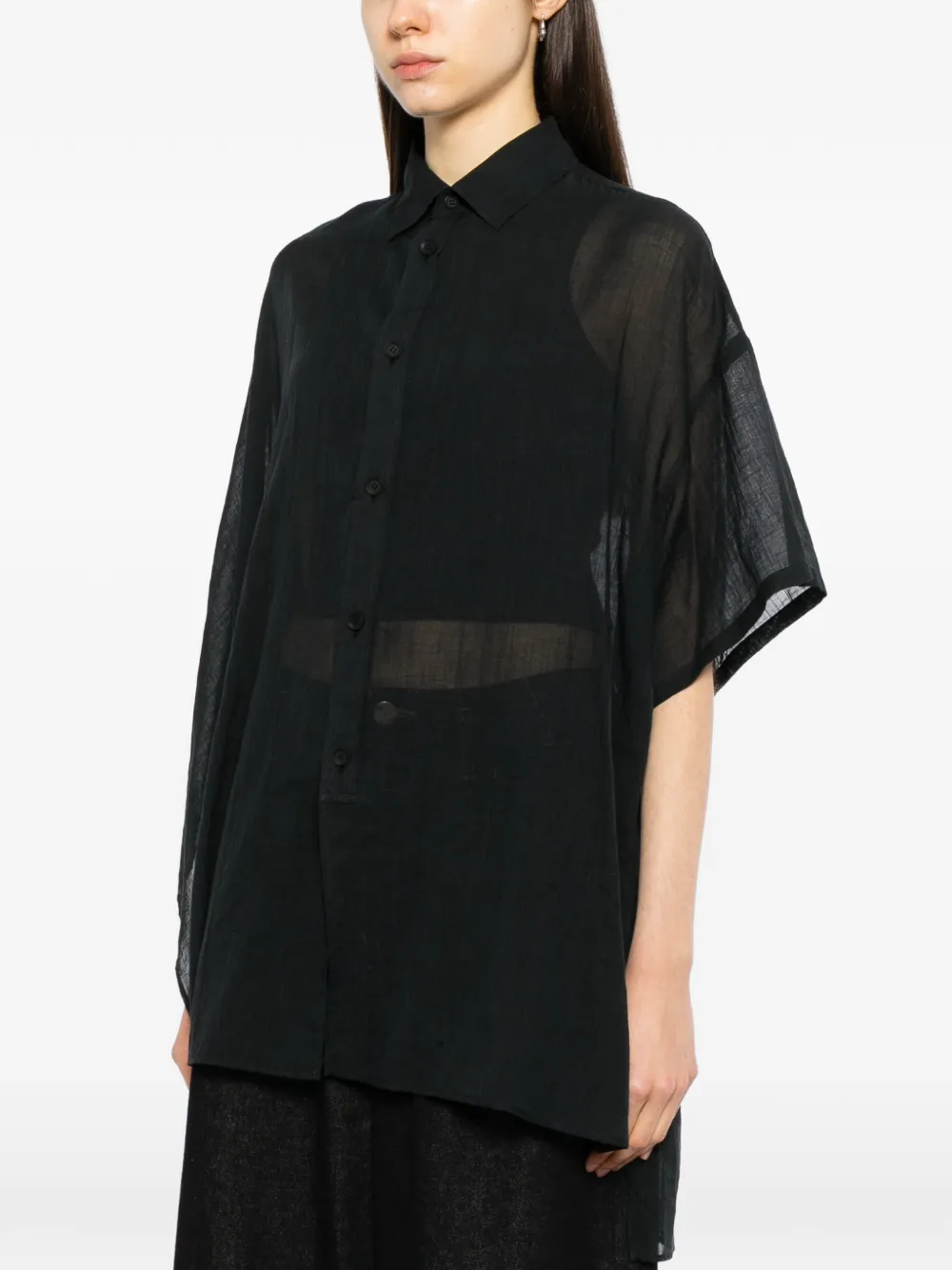 Yohji Yamamoto sheer asymmetric-hem shirt Zwart