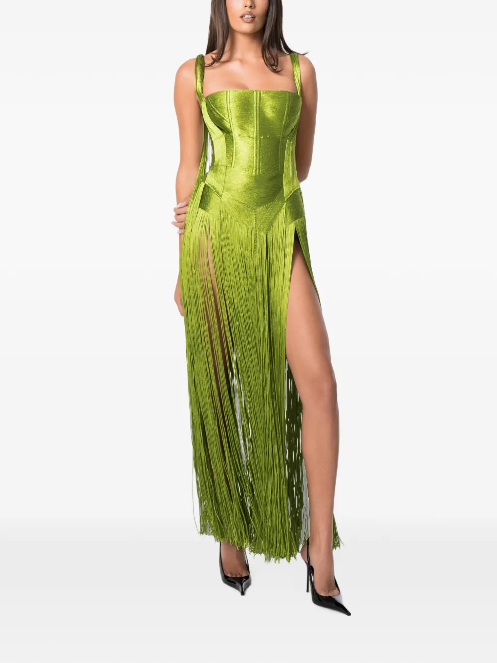 NORINA ST Emerald maxi-jurk met franje afwerking Groen