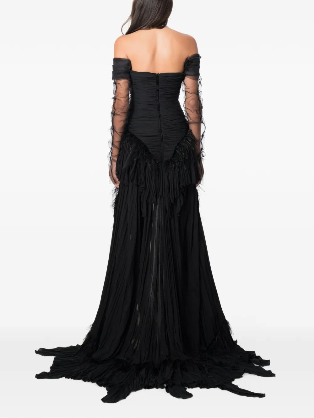 NORINA ST Diada feather-trim asymmetric dress Zwart