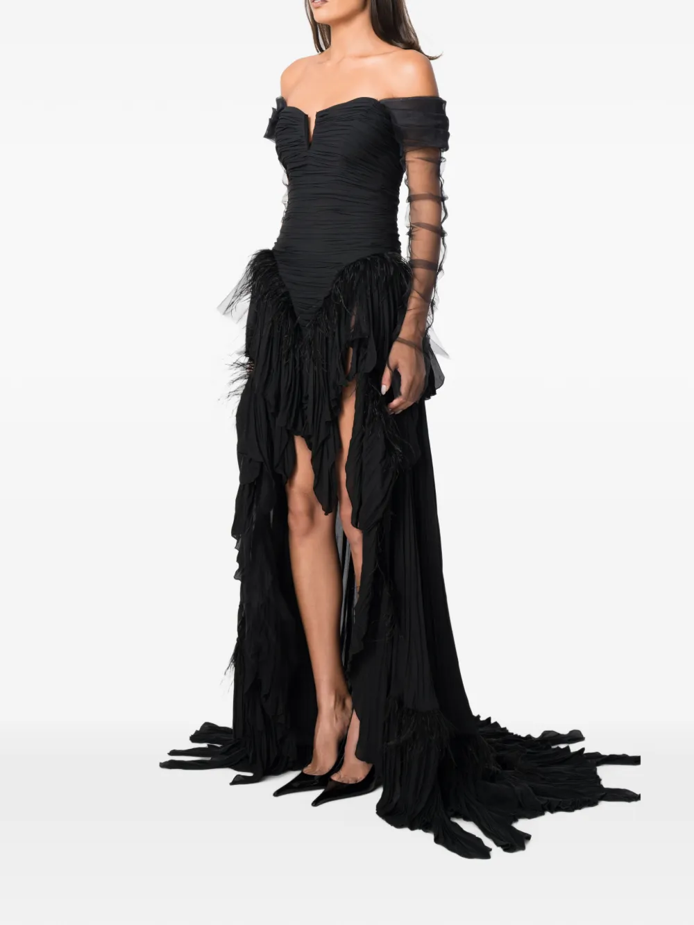 NORINA ST Diada feather-trim asymmetric dress Zwart