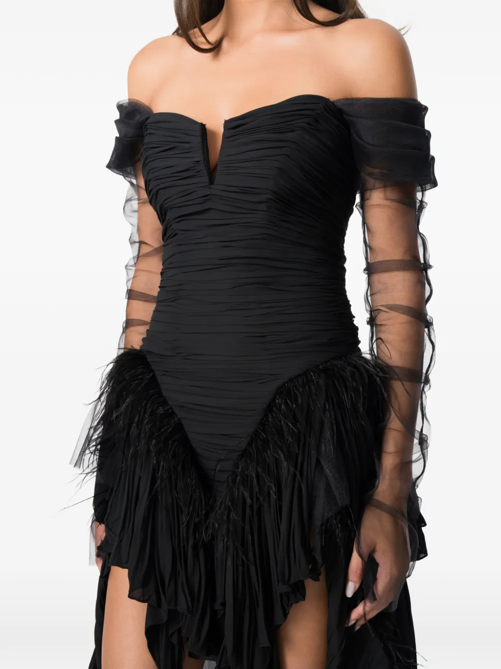 NORINA ST Diada feather-trim asymmetric dress Zwart