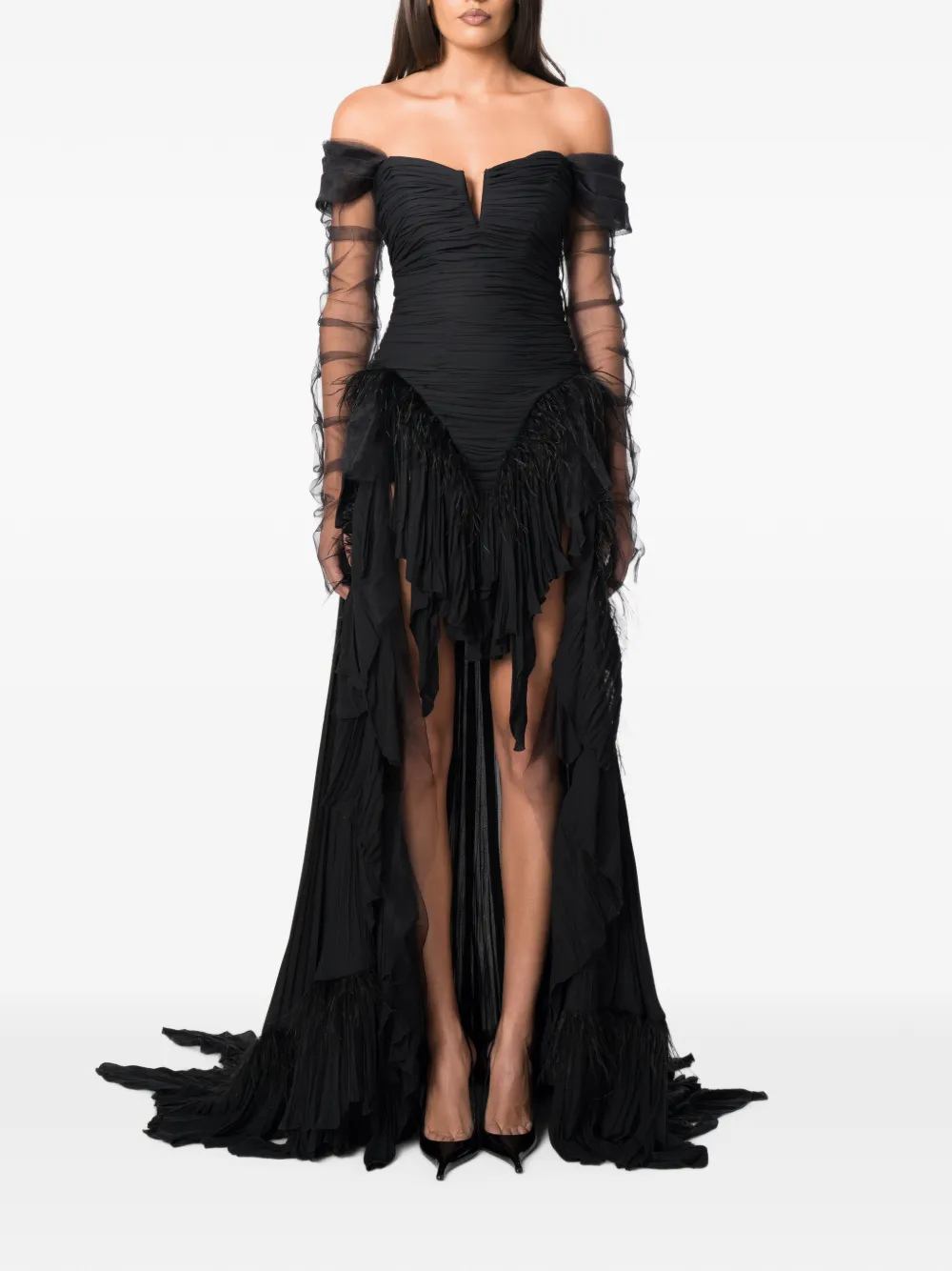 NORINA ST Diada feather-trim asymmetric dress Zwart