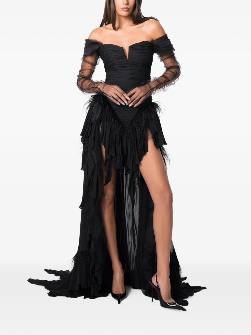 NORINA ST Diada asymmetrische jurk met veren afwerking Zwart