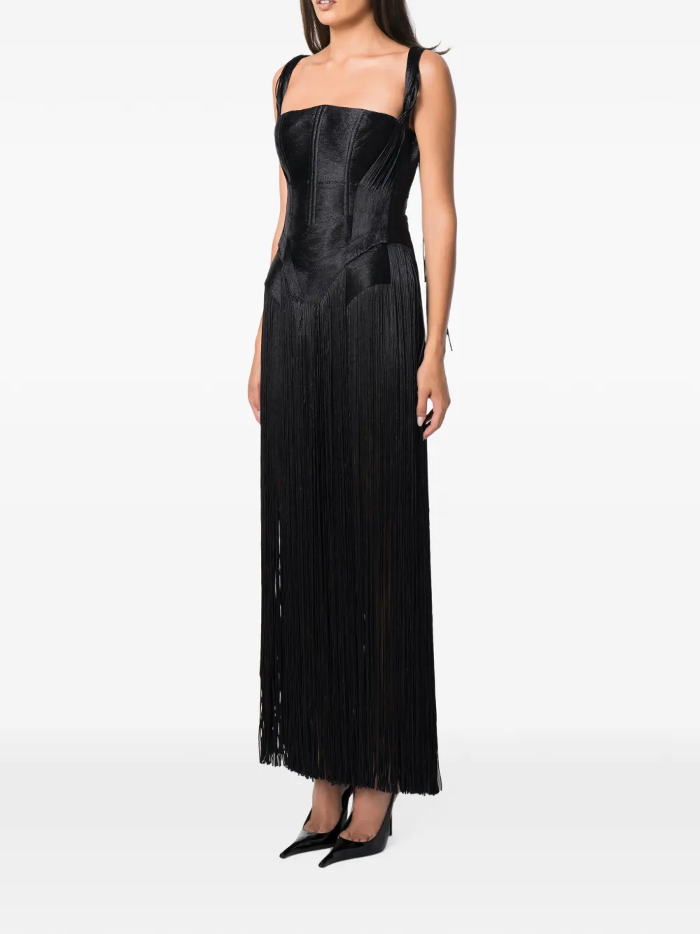 NORINA ST Korset-maxi-jurk met franje afwerking Zwart