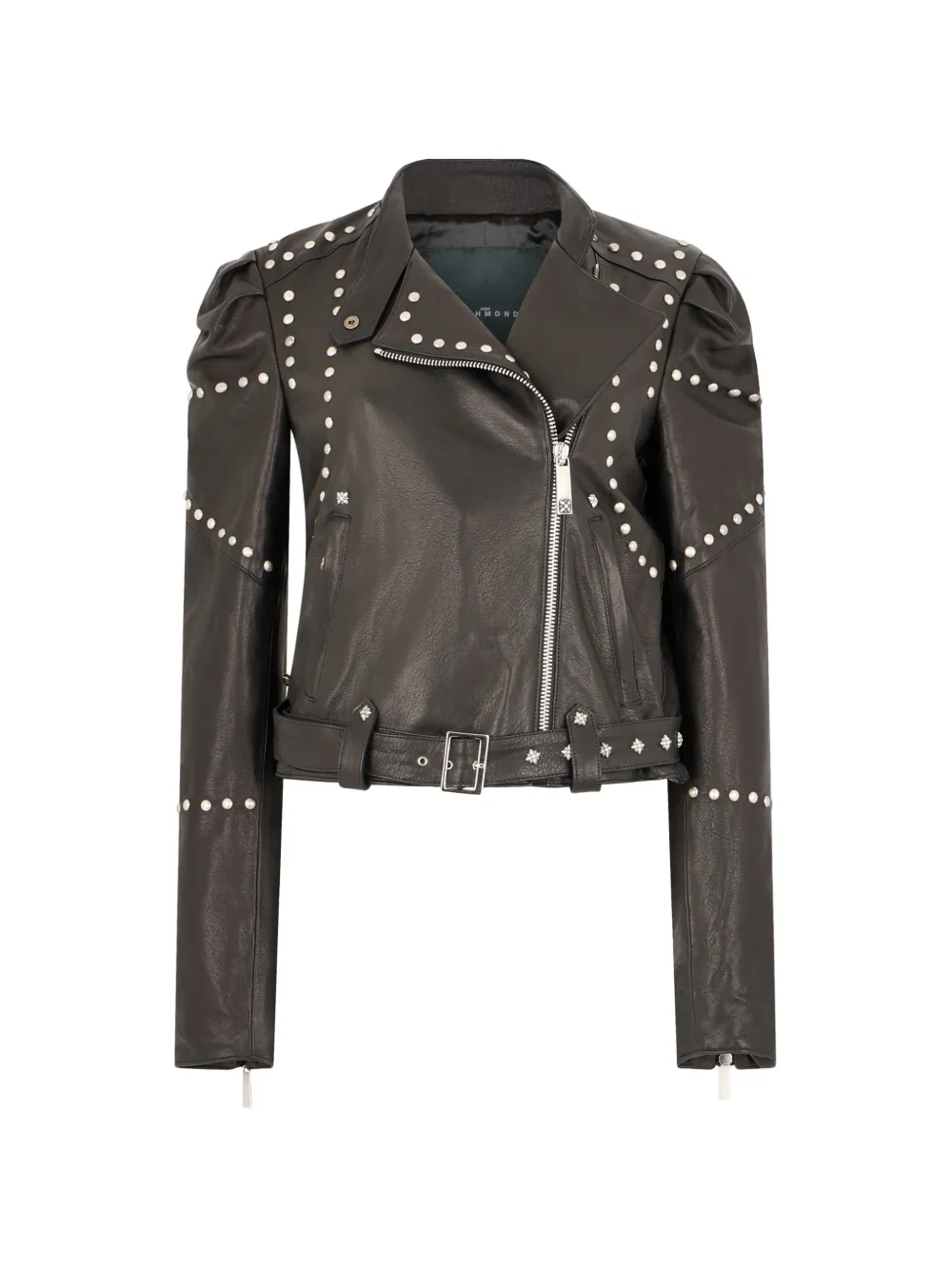 John Richmond Lederjacke mit Nieten und Puffärmeln - Schwarz