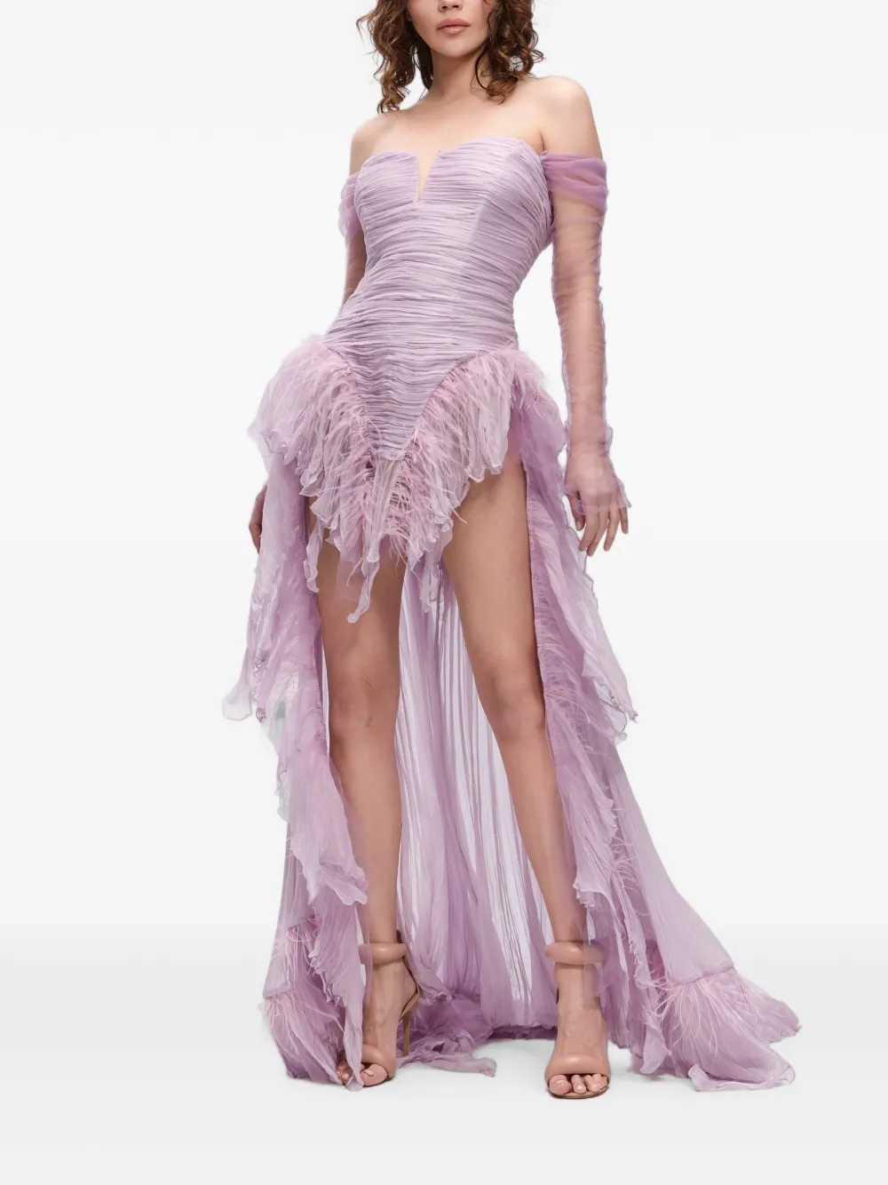 NORINA ST Diada maxi-jurk met ruches en veren afwerking Paars