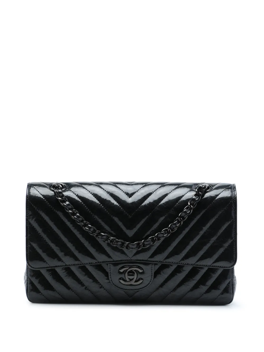 CHANEL Pre-Owned Borsa a spalla Classica media in pelle verniciata con doppio battente e motivo chevron 2018 - Nero