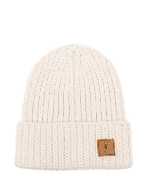 Saint Laurent logo-patch ribbed-knit beanie hat