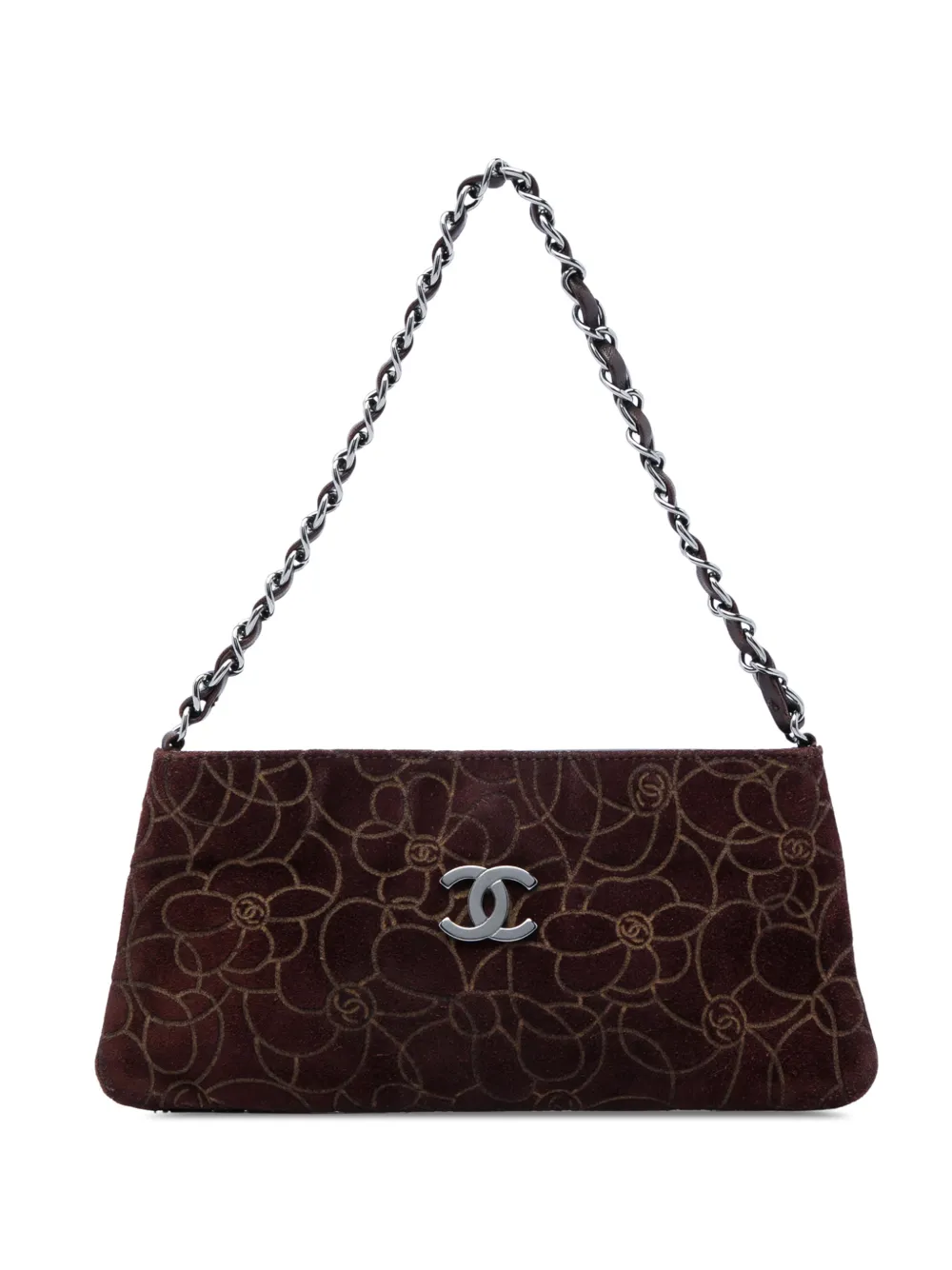CHANEL Pre-Owned 2004-2005 Embossed Suede Camellia Chain Pochette shoulder bag - Braun