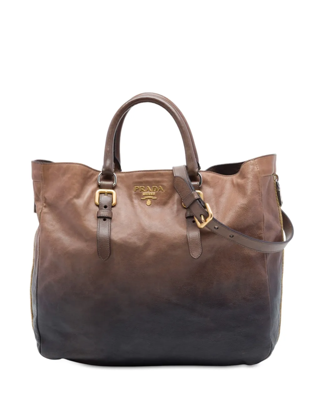 Prada Pre-Owned 2000-2013 Ombre Vitello Daino Side Zip Convertible Tote satchel - Marrone
