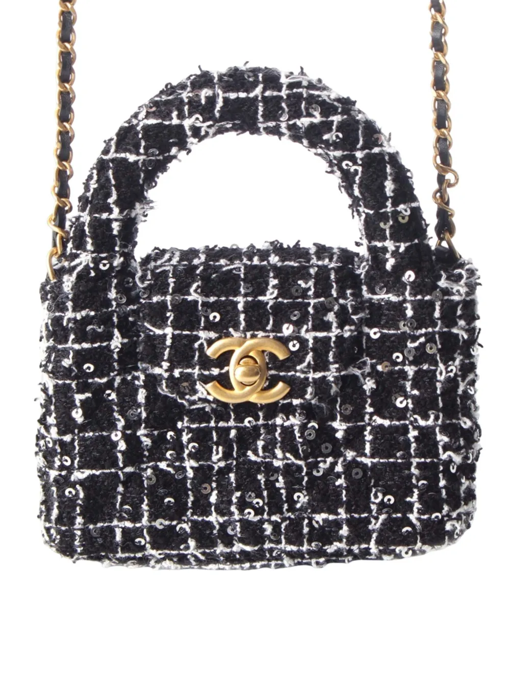 CHANEL Pre-Owned Borsa a tracolla Kelly nano in tweed con catena 2021-2026 - Nero