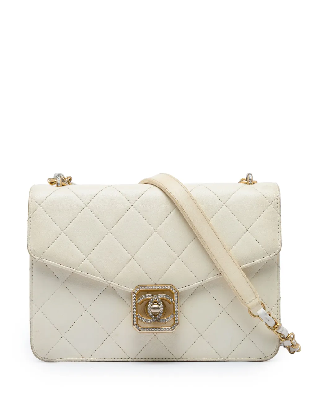 CHANEL Pre-Owned Borsa a tracolla Crystal Geometric CC Frame Flap mini in pelle di agnello trapuntata 2021-2026 - Bianco