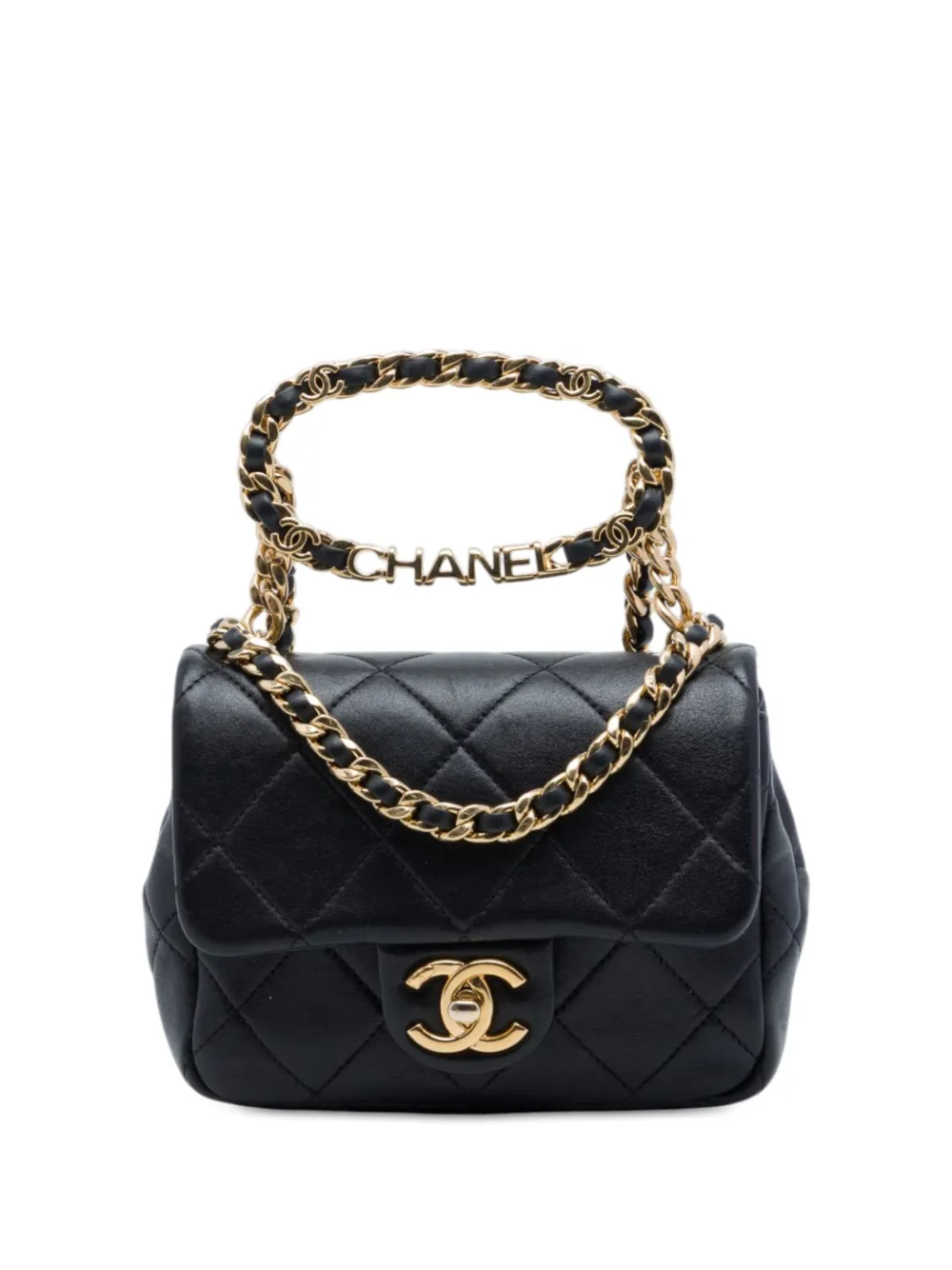 CHANEL Pre-Owned 2021-2026 Mini Quilted Lambskin Oval Logo Chain Top Handle Flap crossbody bag - Schwarz