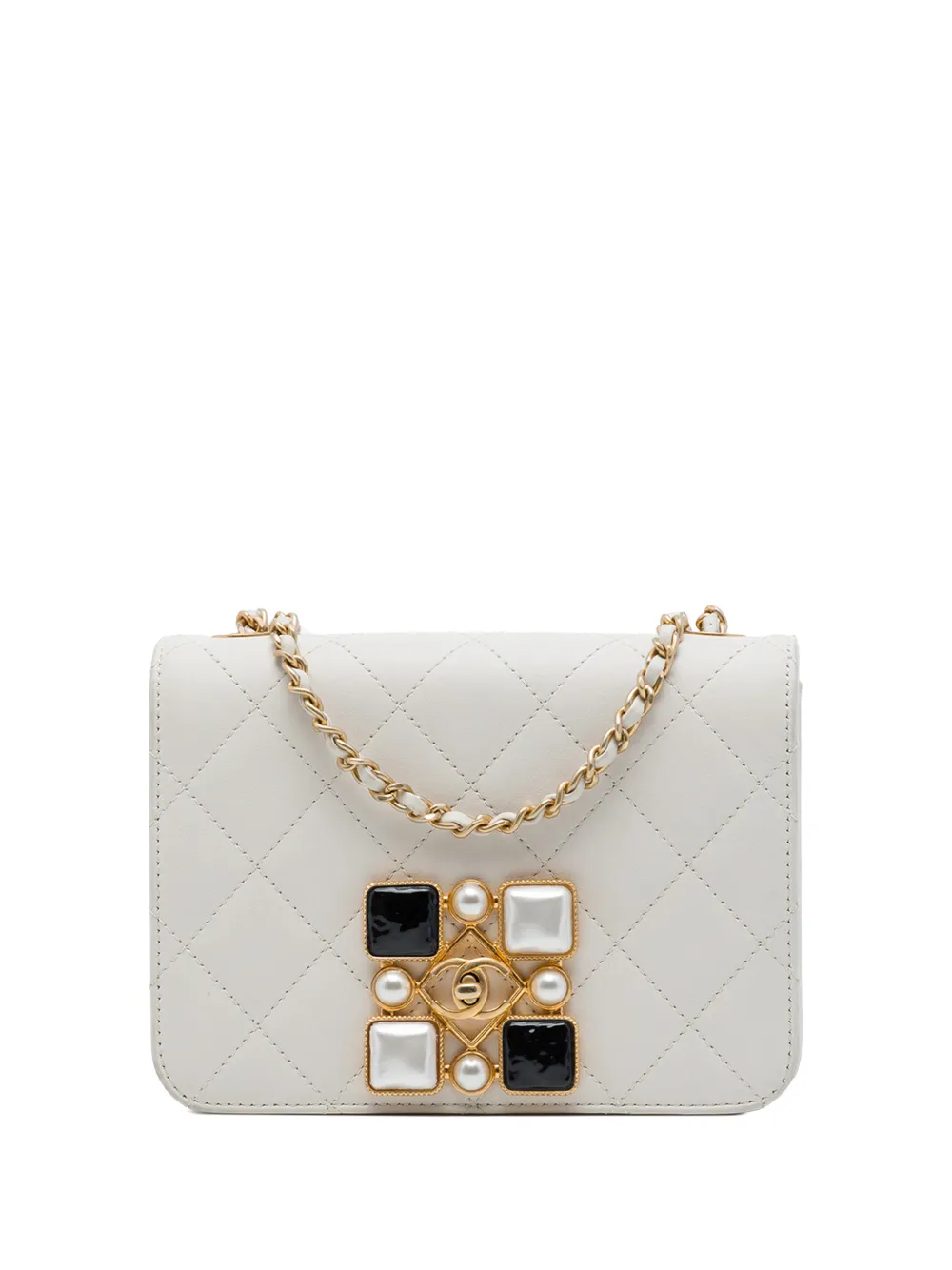 CHANEL Pre-Owned Borsa a tracolla CC piccola in pelle di vitello trapuntata con cristalli, perle e battente 2020 - Bianco