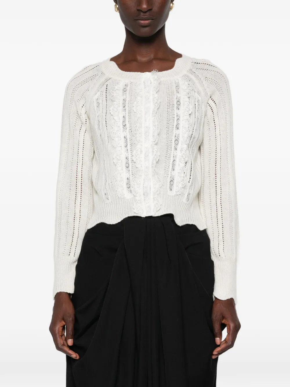 Ermanno Scervino Pointelle gebreid vest met kanten vlakken Beige