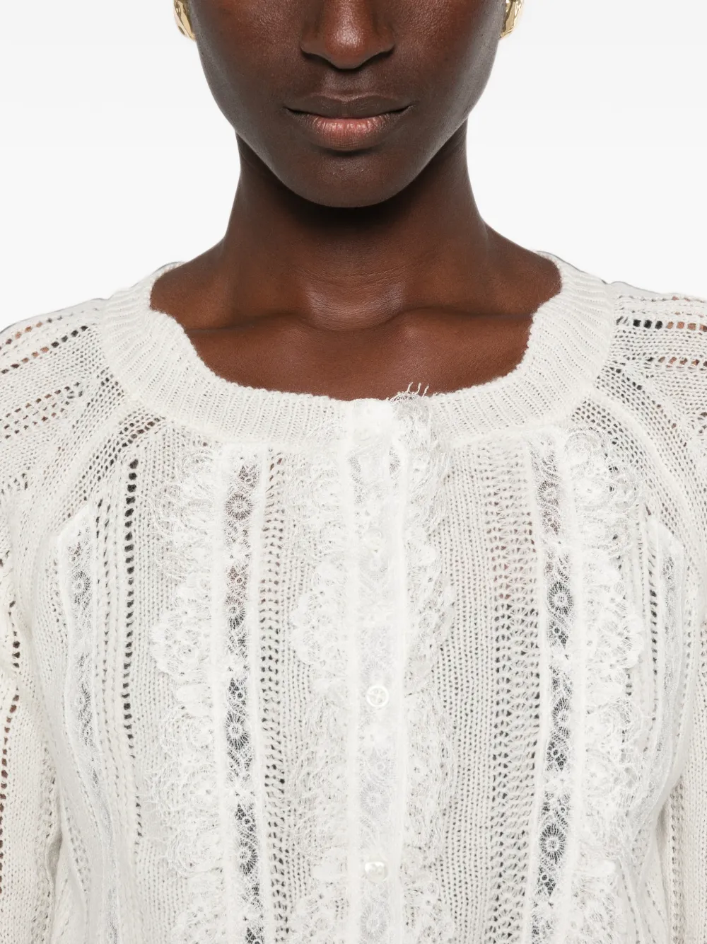 Ermanno Scervino Pointelle gebreid vest met kanten vlakken Beige