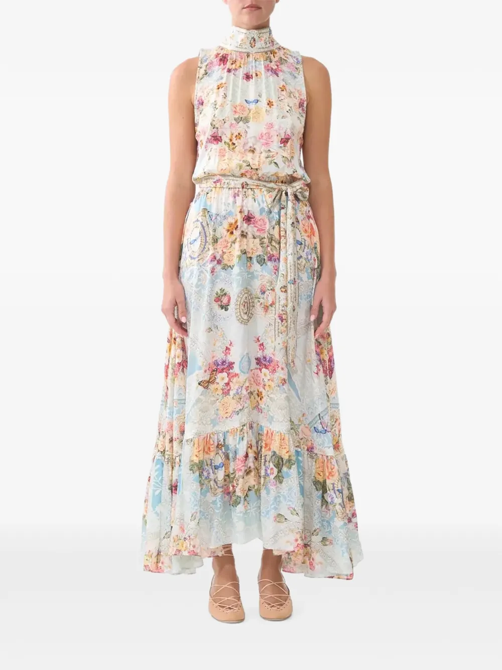 Camilla Zijden maxi-jurk met bloemenprint Beige