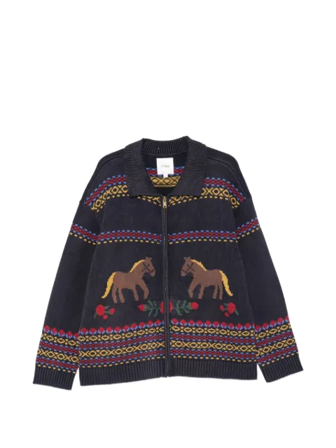 FOUND Isles horse-intarsia zip-up cardigan