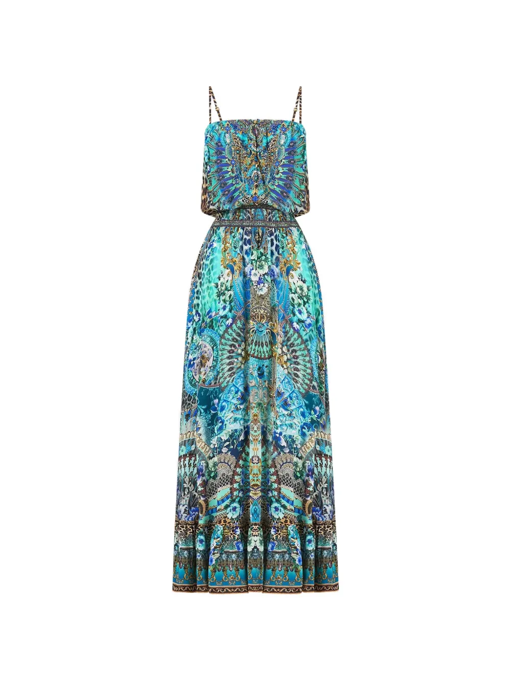 Camilla Shirred-waist Long Dress In Blue