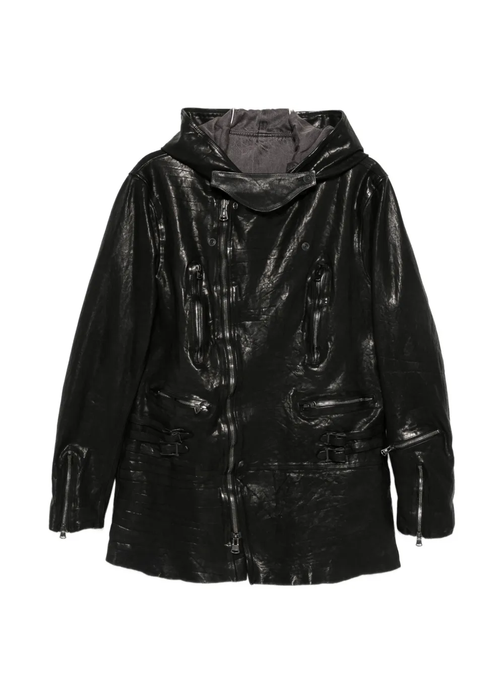 Yohji Yamamoto hooded crinkled leather coat - Schwarz