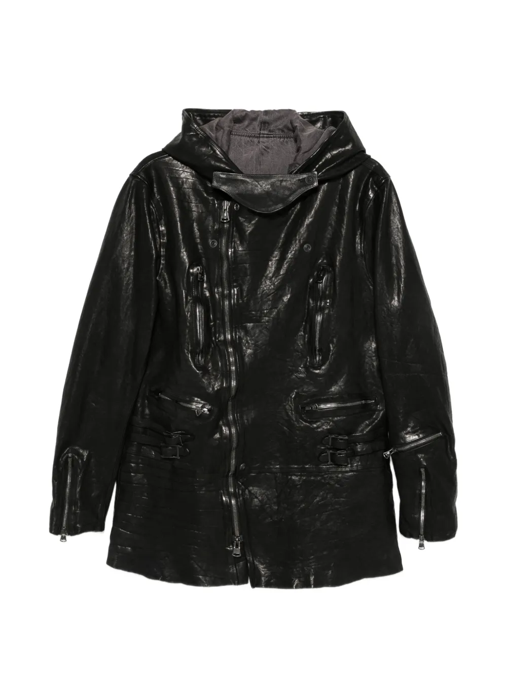 Yohji Yamamoto hooded crinkled leather coat - Nero