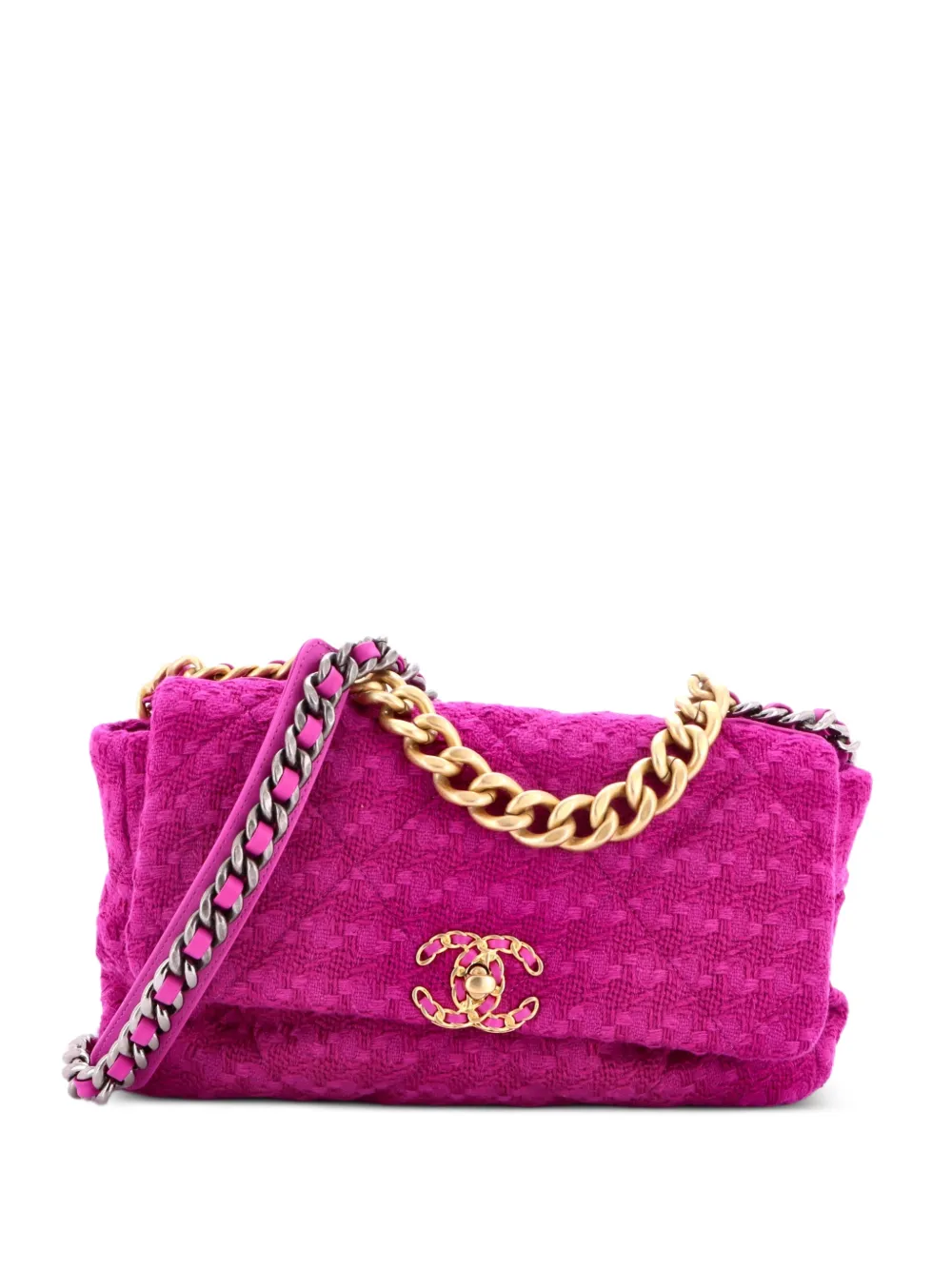 CHANEL Pre-Owned Borsa a tracolla 19 grande in tweed trapuntato con battente - Viola