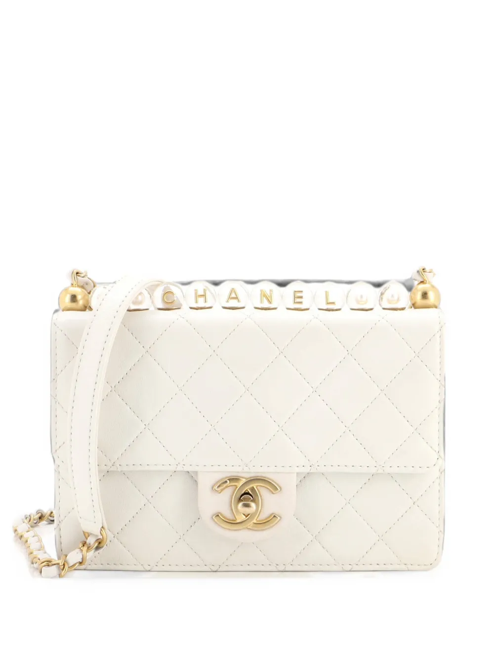 CHANEL Pre-Owned Borsa a spalla piccola in pelle di capra trapuntata con battente e perline in acrilico - Bianco