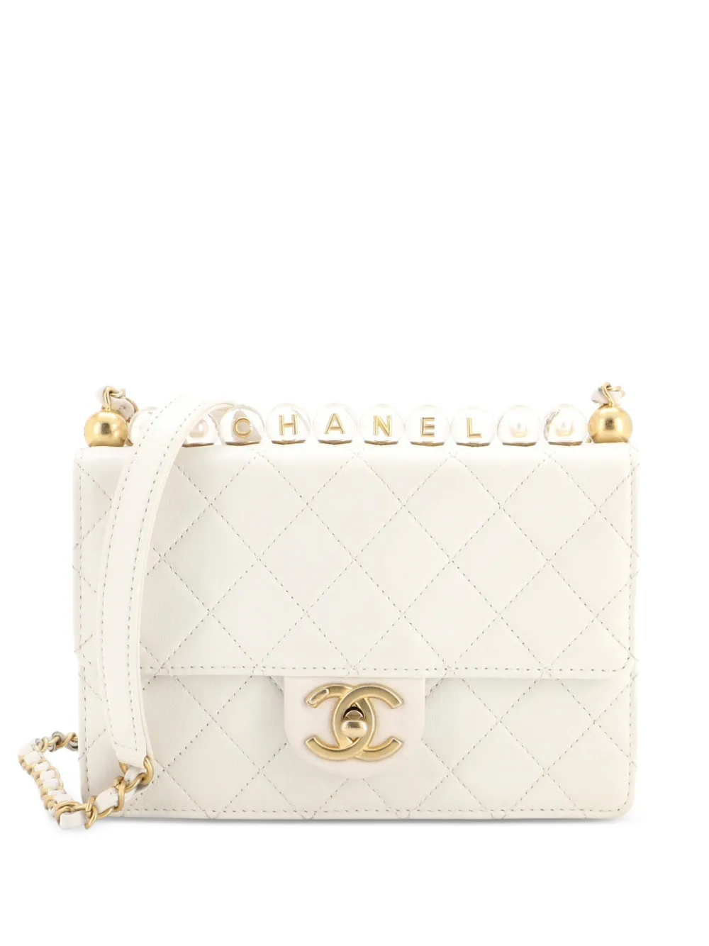 CHANEL Pre-Owned Borsa a spalla piccola in pelle di capra trapuntata con battente e perline in acrilico - Bianco