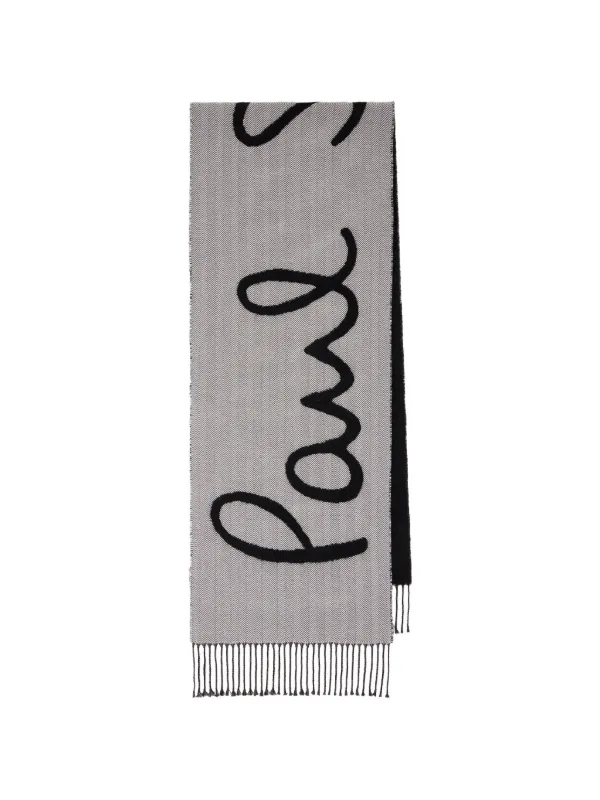 Paul Smith Grey and Black Herringbone Logo Scarf