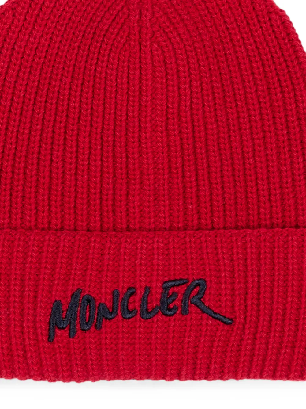 Moncler Enfant Ribgebreide muts met geborduurd logo Rood