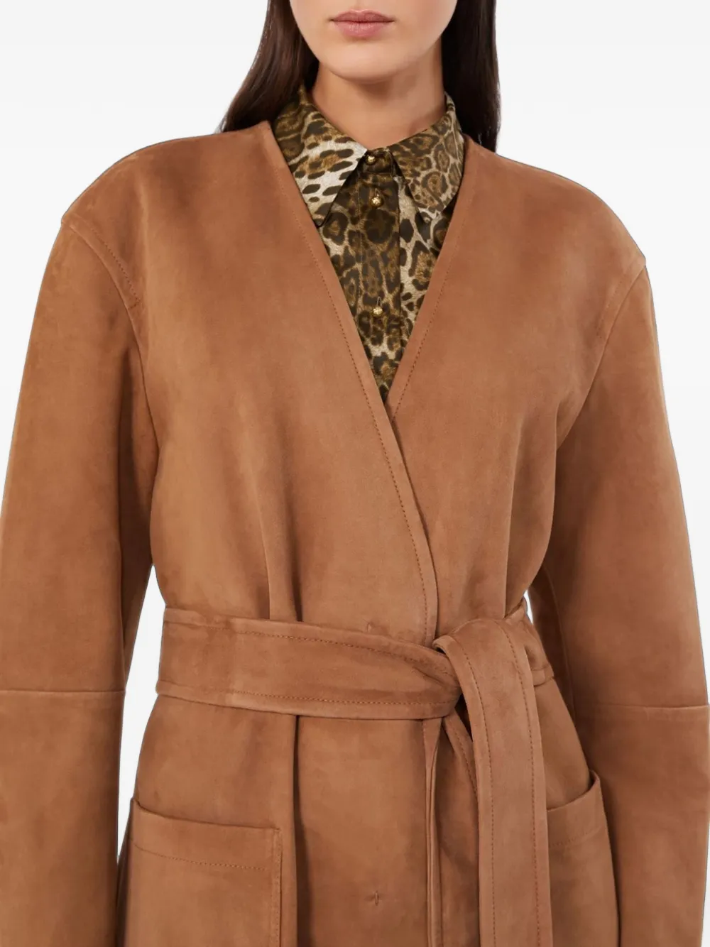 Max Mara Belted Suede Coat In 브라운