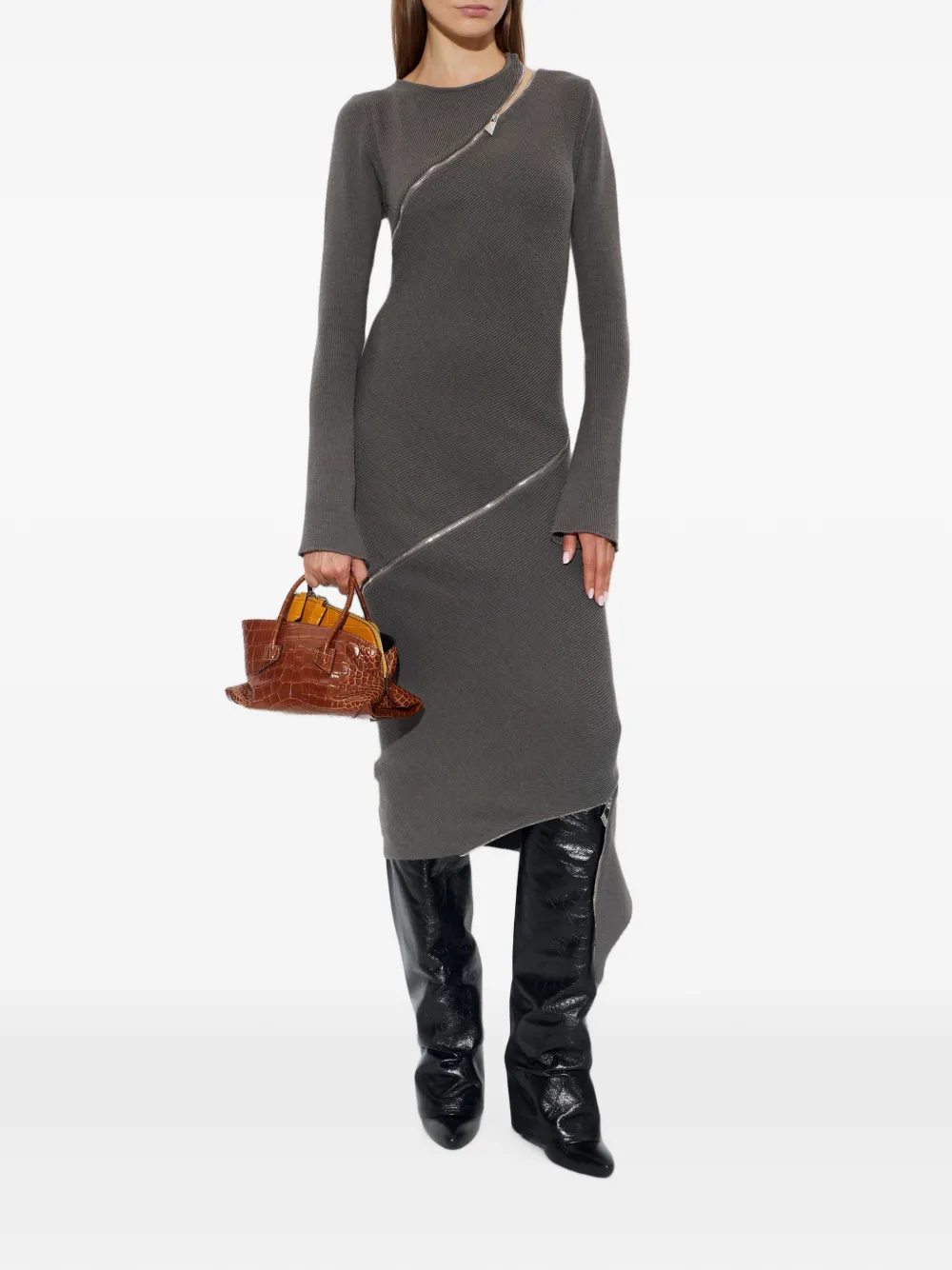 The Attico zip-detail ribbed-knit midi dress Grijs