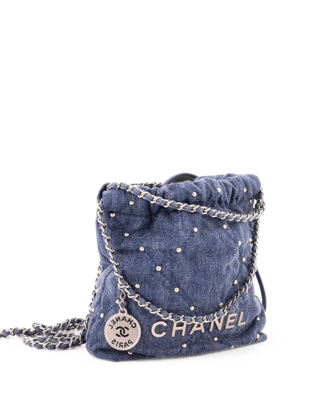 CHANEL Pre-Owned 22 Chain Quilted Studded Denim Mini hobo bag - Blu