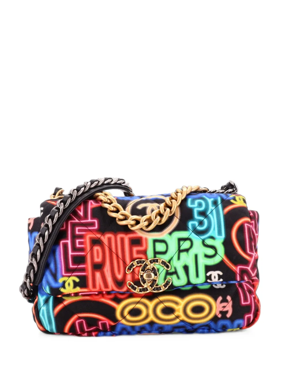 CHANEL Pre-Owned Borsa a tracolla 19 media in tessuto trapuntato con battente e stampa Graffiti - Nero