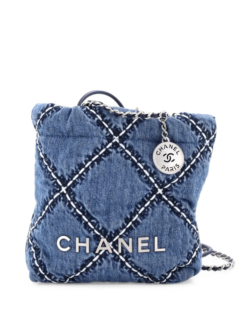 CHANEL Pre-Owned Borsa passepartout 22 mini in denim trapuntato con catena - Blu