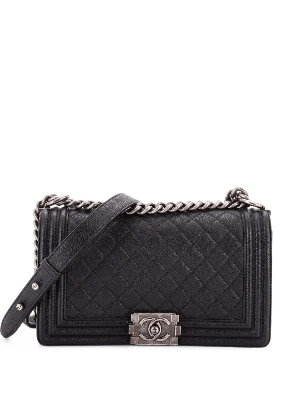 CHANEL Pre-Owned Borsa a tracolla Boy media in pelle Caviar trapuntata con battente - Nero