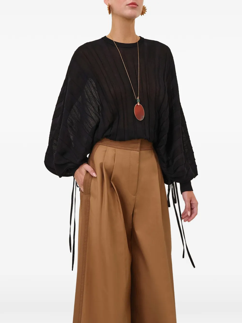 ZIMMERMANN Valiant Pleated-sleeve Sweater in Black, view 3
