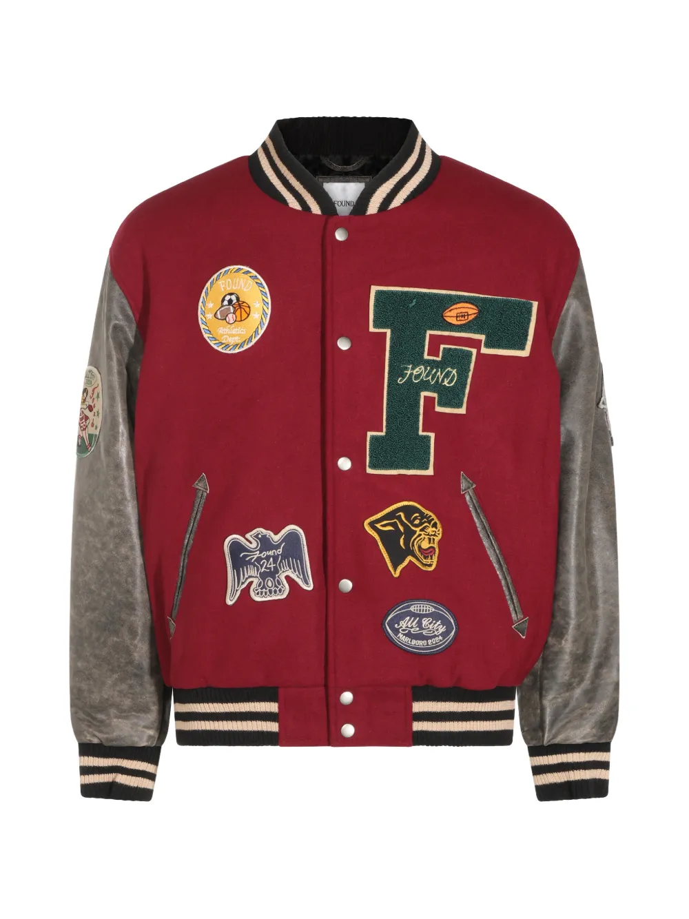 Found Crimson Letterman Patch-detail Leather-sleeve Jacket In 레드