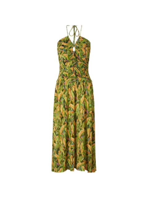 FARM Rio Green Forest ruched parrot-print midi dress