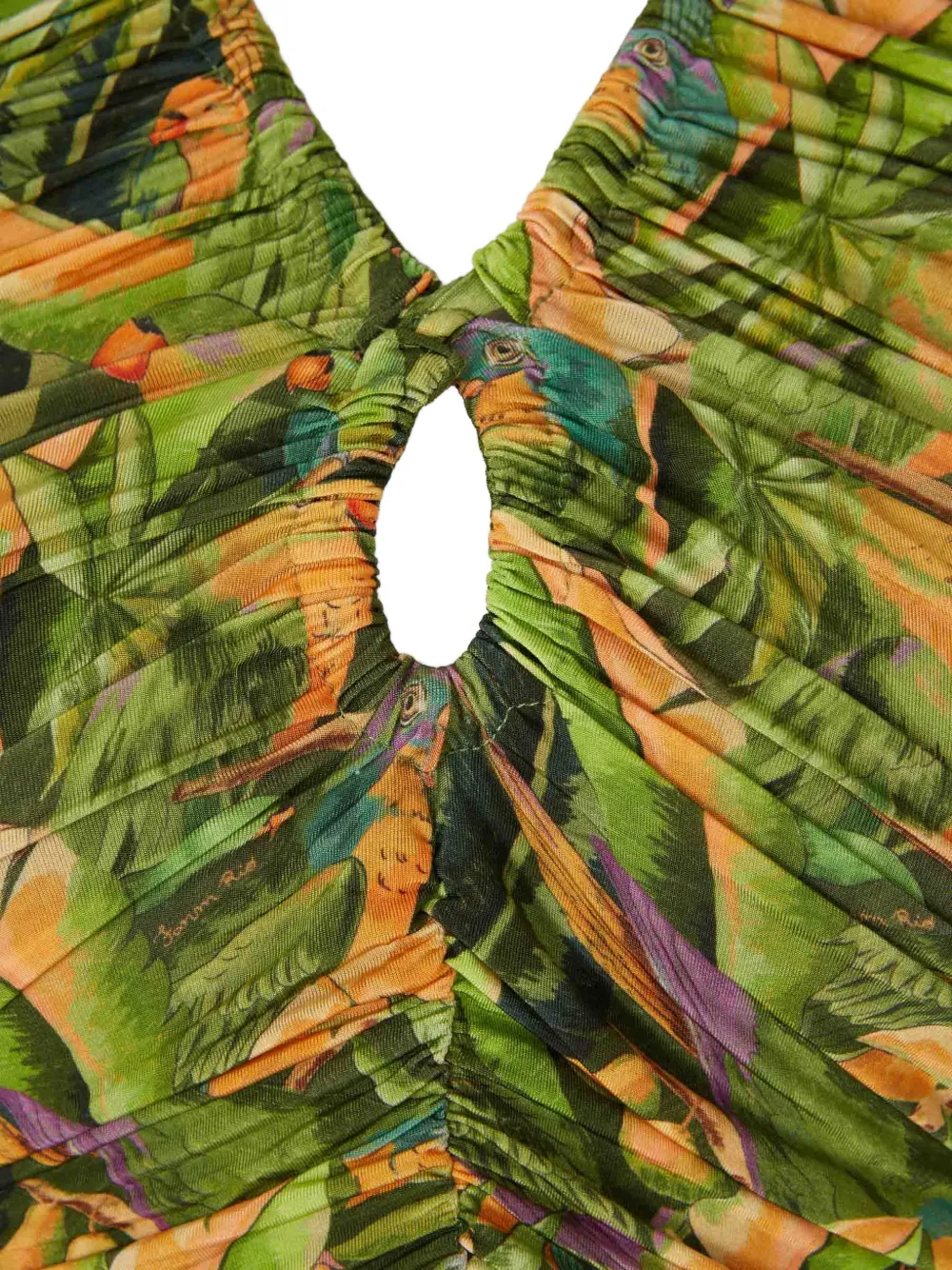FARM Rio Green Forest midi-jurk met papegaai-print en ruches Groen