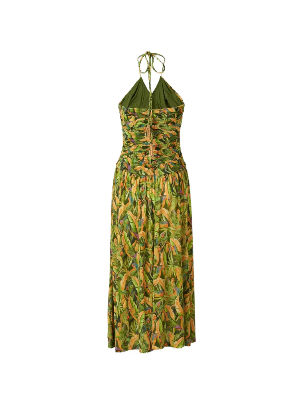 FARM Rio Green Forest midi-jurk met papegaai-print en ruches Groen