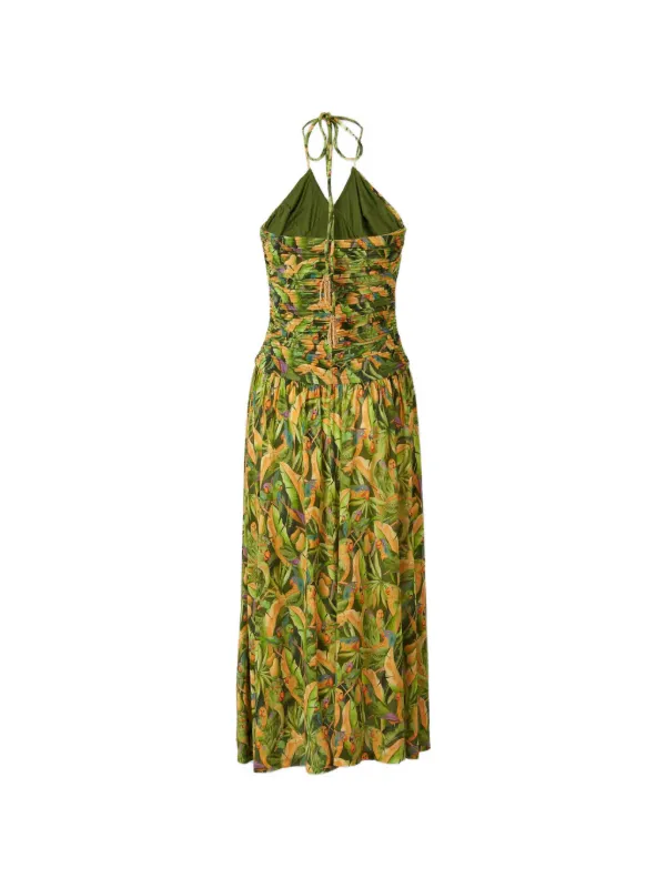 FARM Rio Green Forest Ruched parrot-print Midi Dress | Green