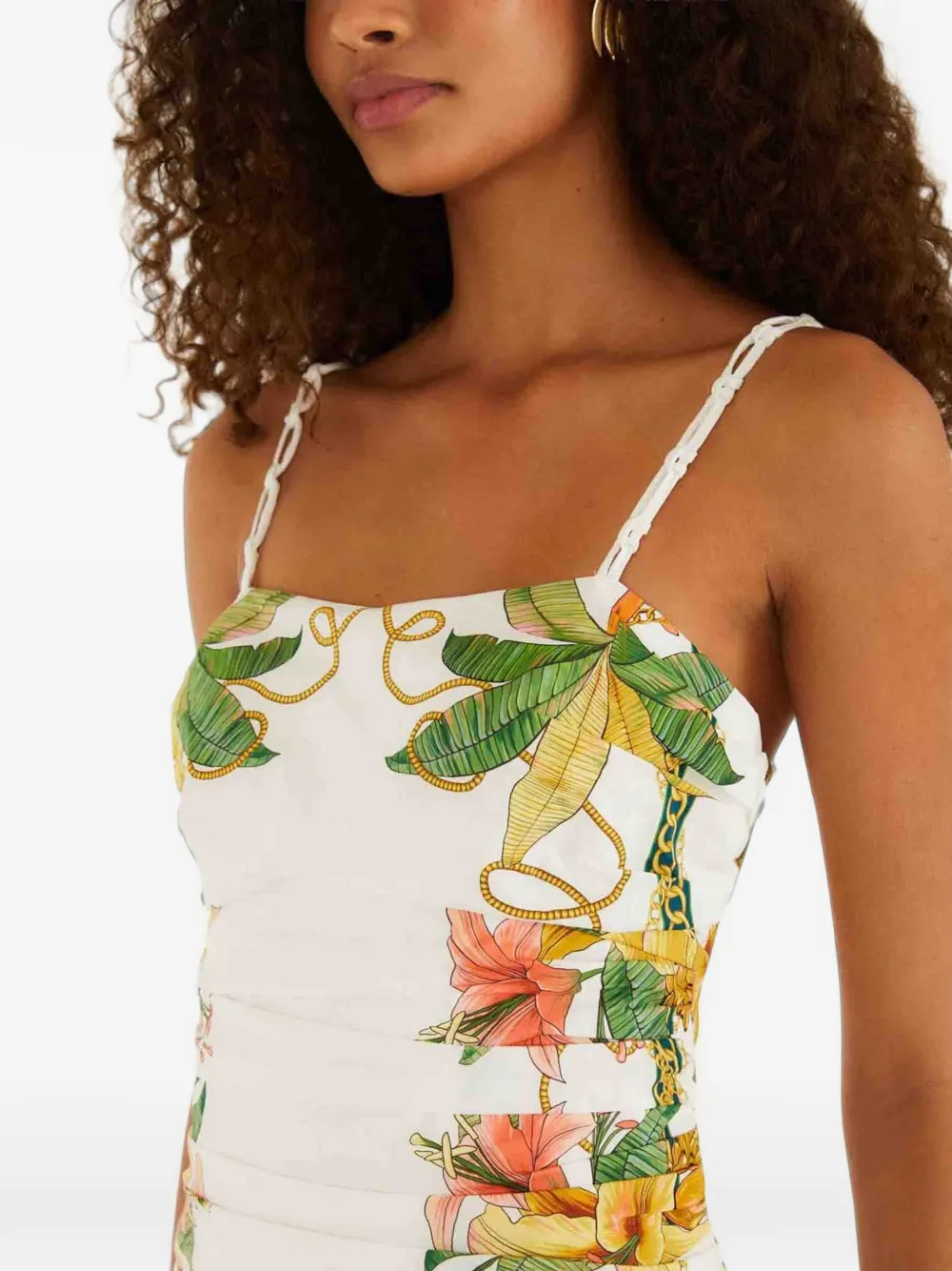 FARM Rio Midi-jurk met spaghettibandjes en tropische print Beige