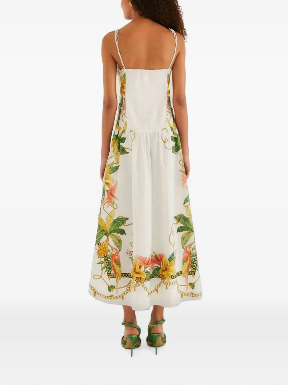 FARM Rio Midi-jurk met spaghettibandjes en tropische print Beige