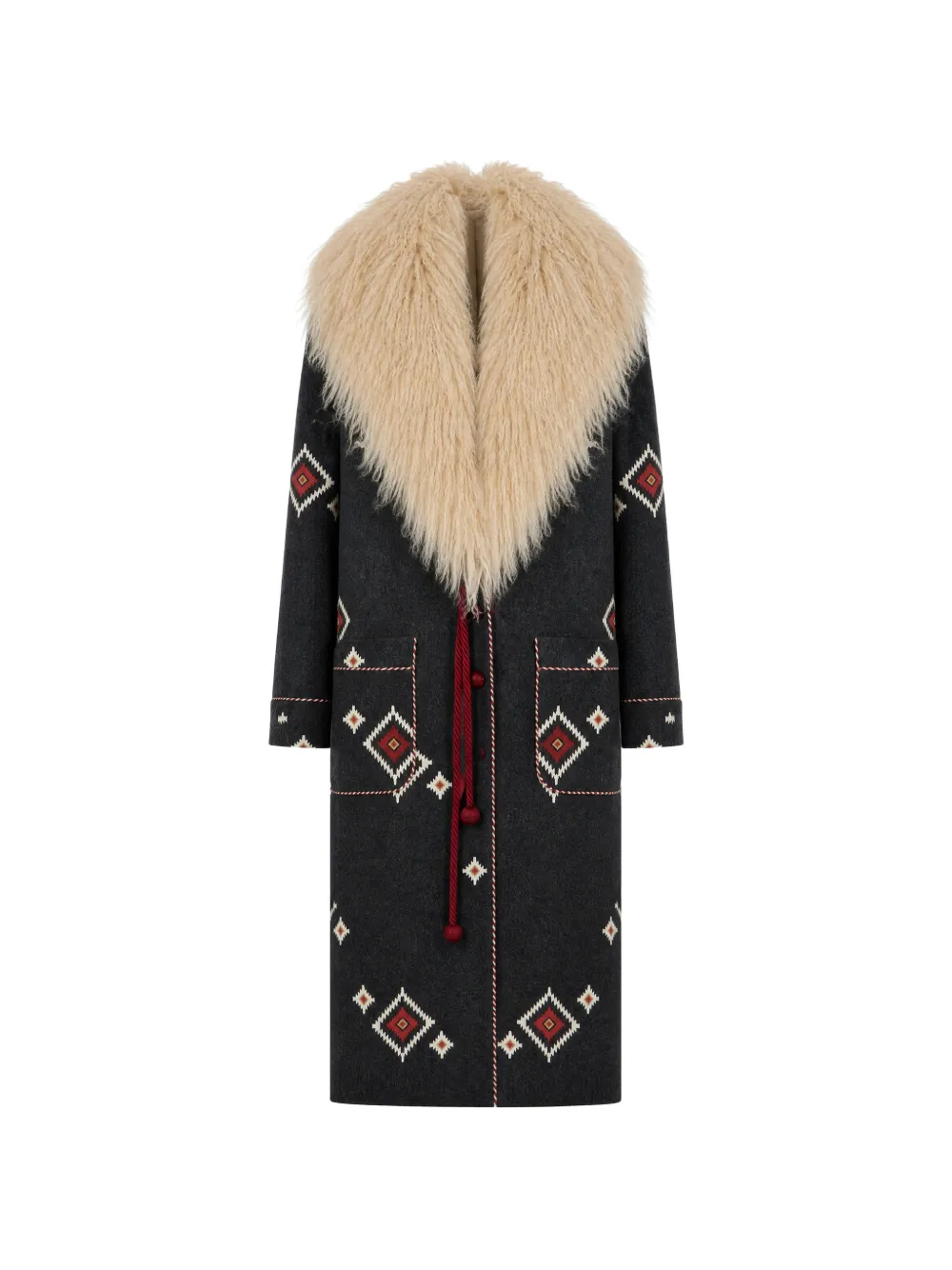 Fortela shearling-collar geometric-print coat - Grigio