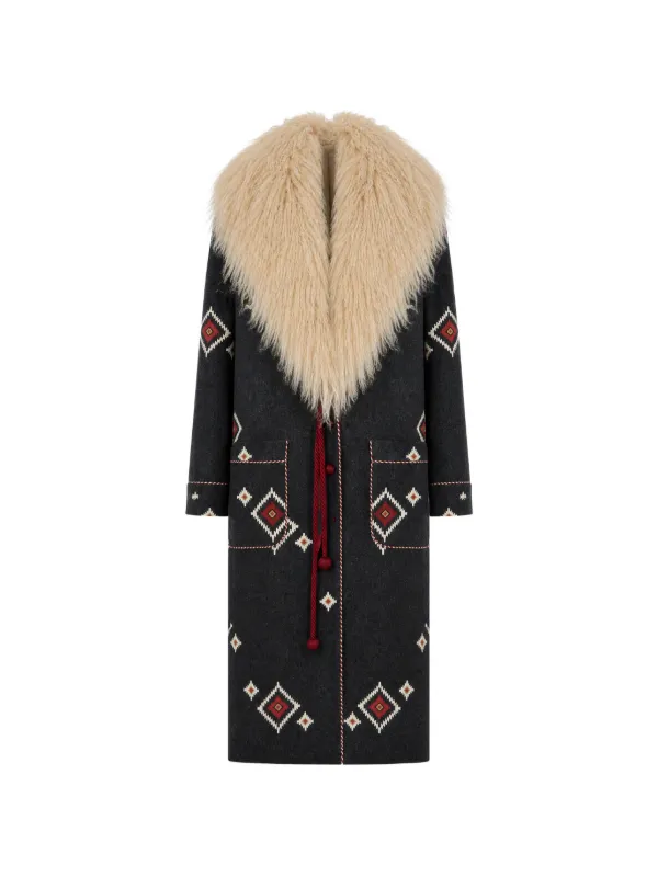Fortela Shearling-collar Geometric-print Coat in Grey