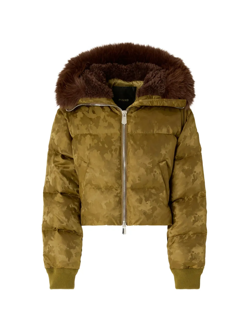 PINKO short down jacket in technical satin with camouflage motif - Verde